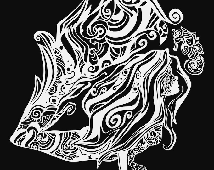 mermaid with seahorse mandala svg cut file, glowforge file, fantasy vinyl template, mermaid svg, cuttable mermaid svg, clipart png