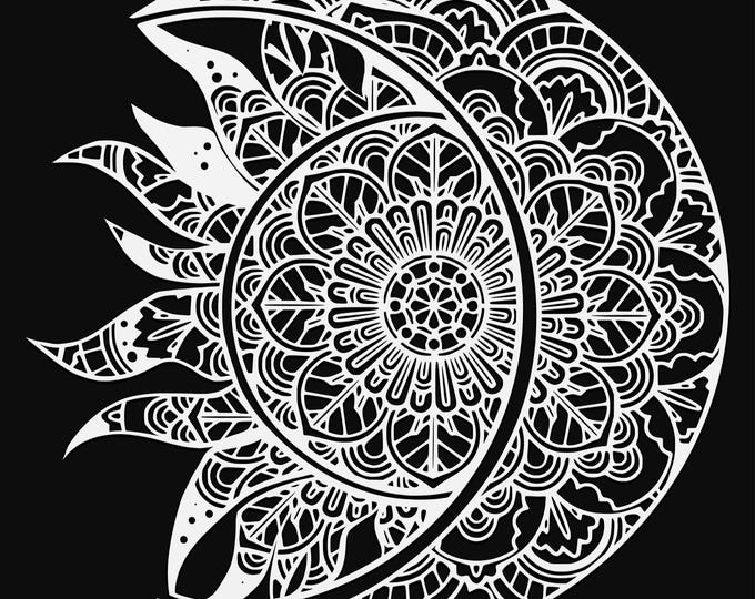 sun and crescent moon mandala svg cut file, glowforge file, vinyl template, laser cut file, celestial svg, cuttable pagan svg, clipart png