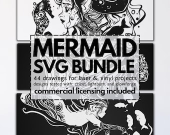mermaid laser svg bundle, glowforge mandala mermaids, mermaid vinyl templates, mermaid laser files, mermaid svgs, mermaid mandala svgs