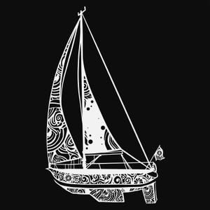 Peut inclure: Un voilier blanc avec des motifs complexes et tourbillonnants sur les voiles et la coque. Le voilier est sur un fond noir.