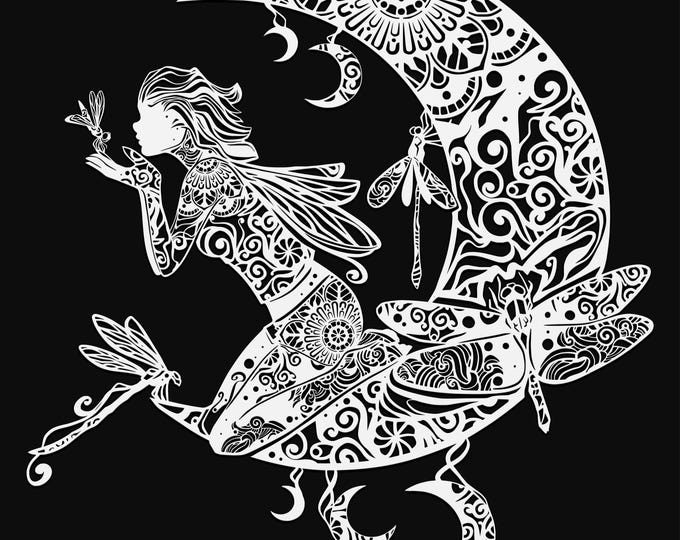 fairy on moon with dragonfly mandala svg, glowforge file, vinyl template, laser cut file, fairy svg, cuttable pixie svg, clipart png