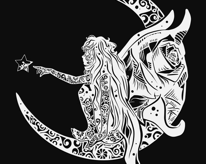 fairy on moon mandala svg cut file, glowforge file, vinyl template, laser cut file, fairy svg, cuttable pixie svg, clipart png