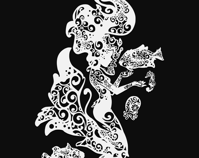mermaid with fish mandala svg cut file, glowforge file, fantasy vinyl template, laser file, mermaid svg, cuttable mermaid svg, clipart png