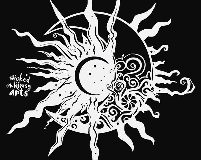 sun and crescent moon mandala svg cut file, glowforge file, vinyl template, laser cut file, celestial svg, cuttable pagan svg, clipart png