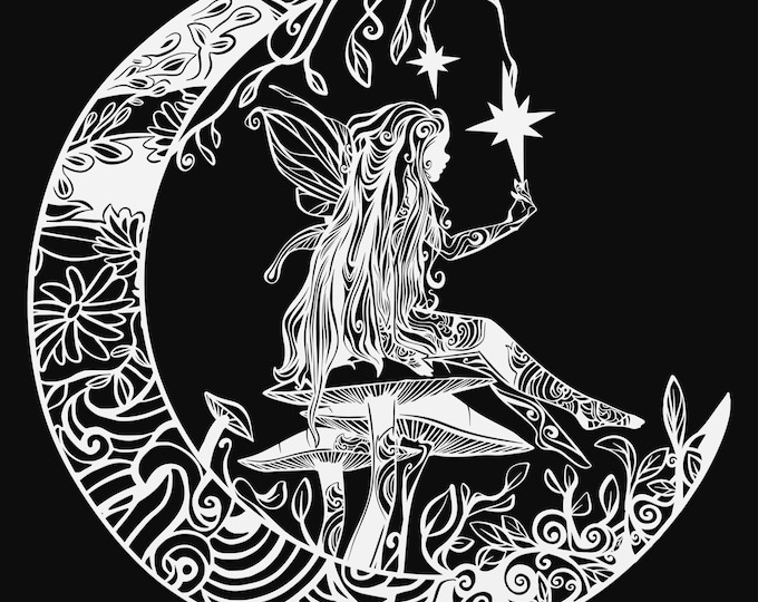 fairy on moon with star mandala svg cut file, glowforge file, vinyl template, laser cut file, fairy svg, cuttable pixie svg, clipart png