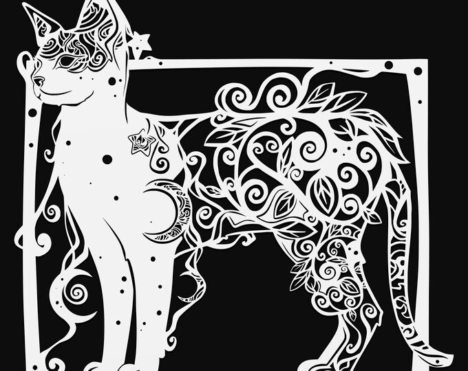 floral cat in frame svg cut file, glowforge file, vinyl template, laser cut file, animals svg, cuttable animal svg, clipart png