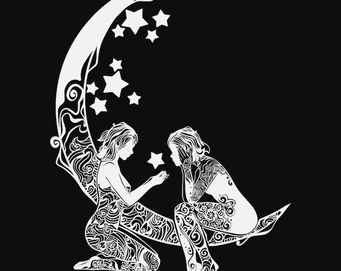 two women on moon mandala svg cut file, glowforge file, vinyl template, laser cut file, celestial svg, cuttable pagan svg, clipart png