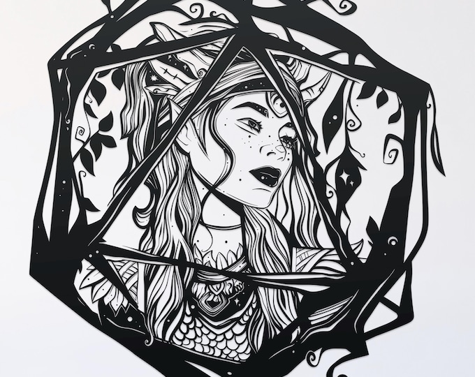 elf druid d20 svg cut file, glowforge file, vinyl template, laser cut file, fantasy svg, cuttable magical svg, clipart png