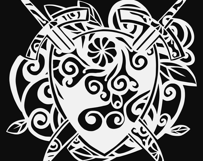 sword and shield mandala svg, glowforge file, vinyl template, laser cut file, fantasy svg, cuttable medieval laser svg, shield clipart png