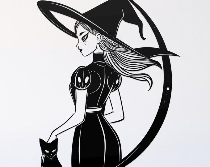 witch and cat svg cut file, glowforge file, vinyl template, laser cut file, pagan svg, cuttable wicca svg, clipart png