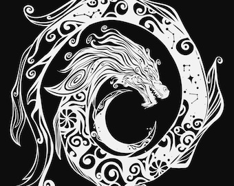 dragon and moon mandala svg cut file, glowforge file, vinyl template, fantasy laser cut file, dragon svg, cuttable magical svg, clipart png