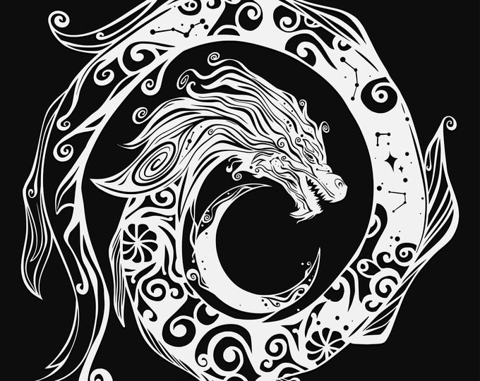 dragon and moon mandala svg cut file, glowforge file, vinyl template, fantasy laser cut file, dragon svg, cuttable magical svg, clipart png