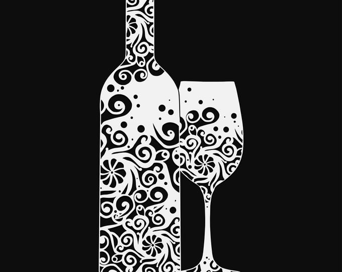wine bottle and glass mandala svg cut file, glowforge file, vinyl template, laser cut file, wine svg, cuttable drinking svg, clipart png