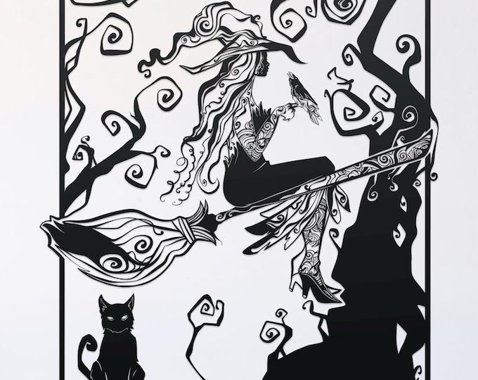 witch with crow and cat svg cut file, glowforge file, vinyl template, laser cut file, pagan svg, cuttable wicca svg, clipart png
