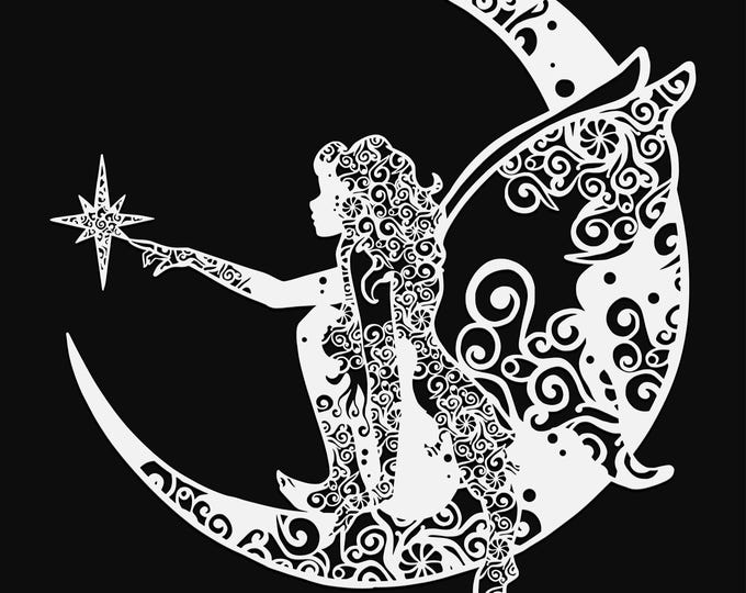 fairy on moon mandala svg cut file, glowforge file, vinyl template, laser cut file, fairy svg, cuttable pixie svg, clipart png