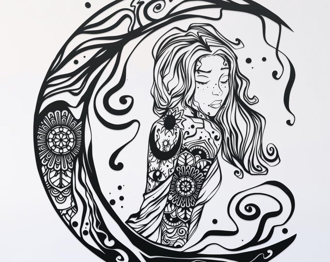 moon magick woman mandala svg cut file, glowforge file, vinyl template, laser cut file, celestial svg, cuttable pagan svg, clipart png