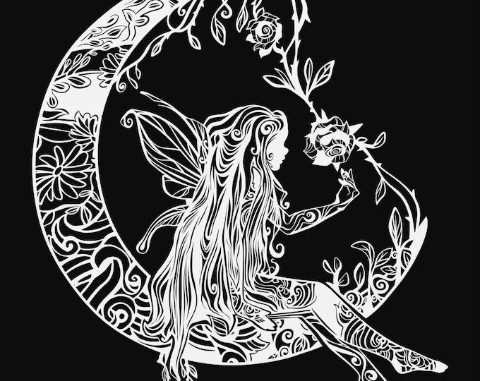 fairy on moon with rose mandala svg cut file, glowforge file, vinyl template, laser cut file, fairy svg, cuttable pixie svg, clipart png