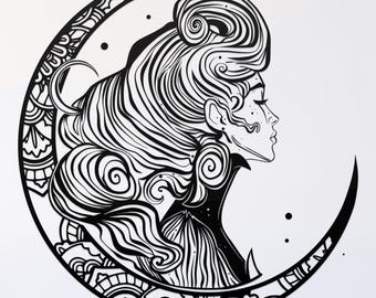 aristocratic woman and moon svg cut file, glowforge file, vinyl template, laser cut file, celestial svg, cuttable pagan svg, clipart png