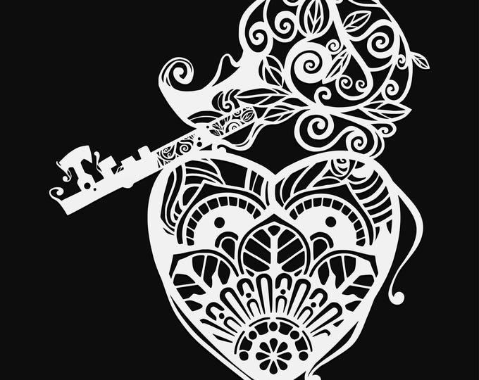 key and heart mandala svg cut file, glowforge file, vinyl template, laser cut file, lifestyle svg, cuttable laser svg, clipart png