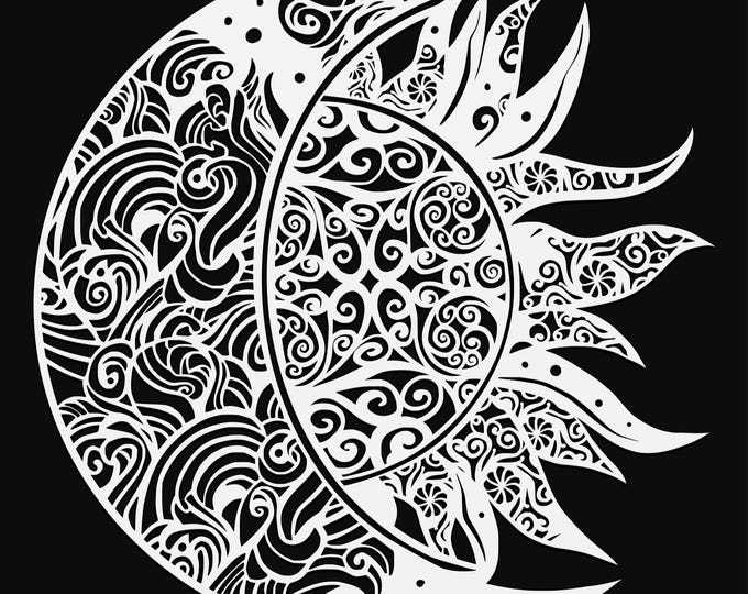 sun and crescent moon mandala svg cut file, glowforge file, vinyl template, laser cut file, celestial svg, cuttable pagan svg, clipart png