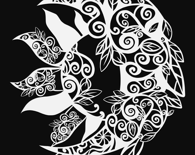 floral crescent moon and sun svg cut file, glowforge file, vinyl template, laser cut file, celestial svg, cuttable pagan svg, clipart png