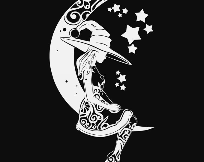 christmas witch on moon mandala svg cut file, glowforge file, vinyl template, laser cut file, winter svg, cuttable holiday svg, clipart png