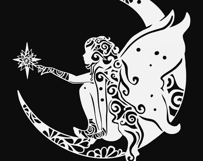 fairy on moon mandala svg cut file, glowforge file, vinyl template, laser cut file, fairy svg, cuttable pixie svg, clipart png