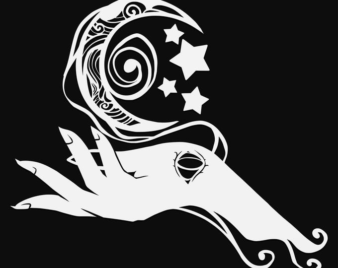 hand and crescent moon mandala svg cut file, glowforge file, vinyl template, laser cut file, celestial svg, cuttable pagan svg, clipart png