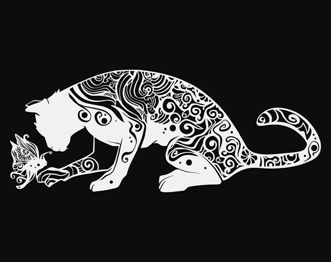 cat with fey-bird mandala, svg cut file, glowforge file, vinyl template, laser cut file, animals svg, cuttable animal svg, clipart png