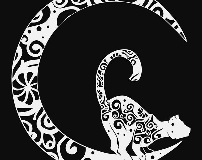 cat and moon mandala svg cut file, glowforge file, vinyl template, laser cut file, animals svg, cuttable animal svg, clipart png