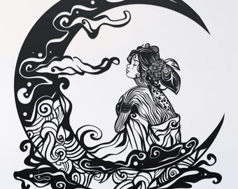 woman on crescent moon mandala svg cut file, glowforge file, vinyl template, laser cut file, celestial svg, cuttable pagan svg, clipart png