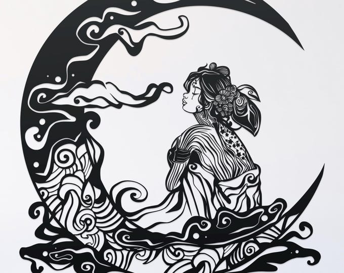 woman on crescent moon mandala svg cut file, glowforge file, vinyl template, laser cut file, celestial svg, cuttable pagan svg, clipart png