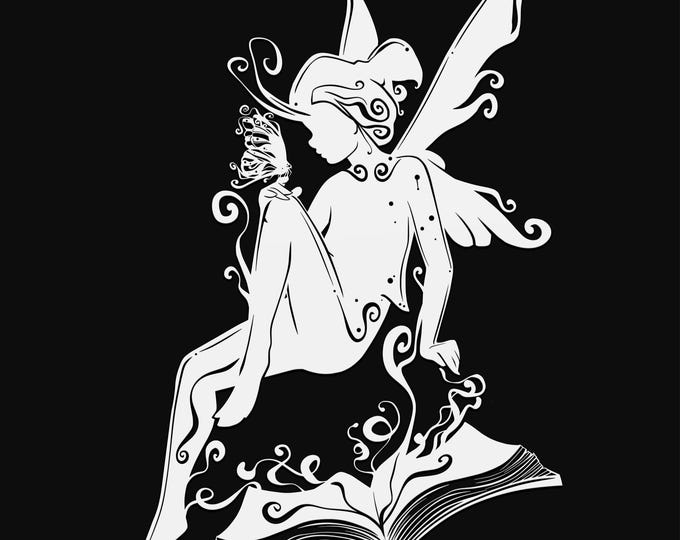 fairy on book svg cut file, glowforge file, vinyl template, laser cut file, fairy svg, cuttable pixie svg, clipart png