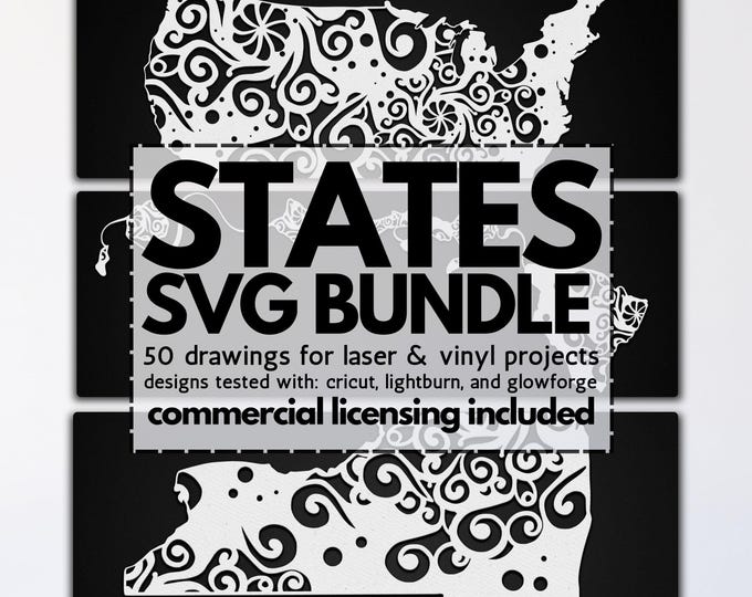 US state mandala laser bundle, glowforge state files, vinyl geography templates, laser united state files, U.S.A. svgs, mandala state svgs