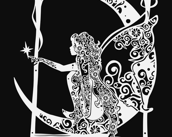 fairy on moon in frame svg cut file, glowforge file, vinyl template, laser cut file, fairy svg, cuttable pixie svg, clipart png