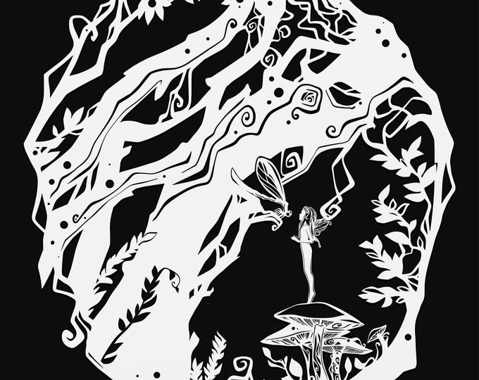 fairy in wood on mushroom svg cut file, glowforge file, vinyl template, laser cut file, fairy svg, cuttable pixie svg, clipart png