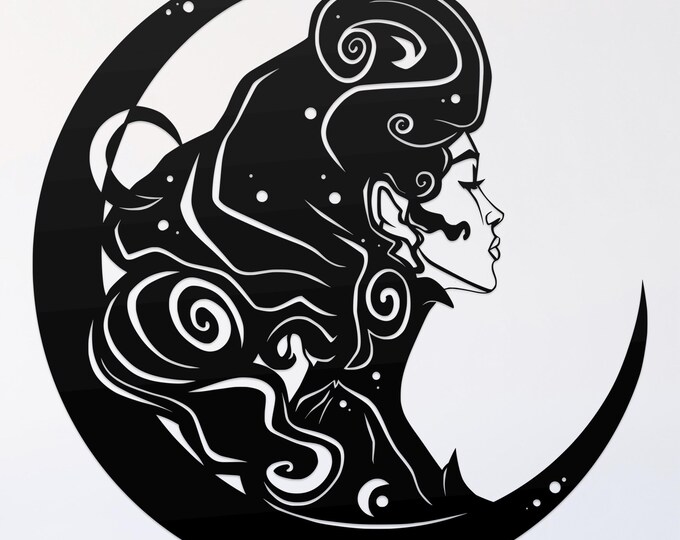 aristocratic woman and moon svg cut file, glowforge file, vinyl template, laser cut file, celestial svg, cuttable pagan svg, clipart png