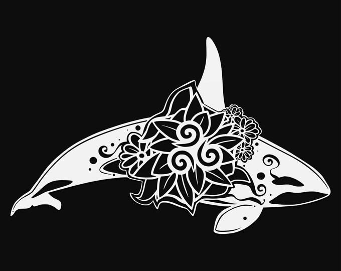 floral orca whale svg cut file, glowforge file, vinyl template, laser cut file, animals svg, cuttable animal svg, clipart png