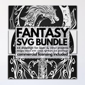 pacchetto di file fantasy laser svg, file fantasy glowforge, modelli di draghi in vinile, mandala laser svg, elfi magici svg, clipart da tavolo