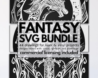 fantasy laser svg bundle, glowforge fantasy files, vinyl dragon templates, laser mandala svgs, magical elf svg, tabletop cliparts