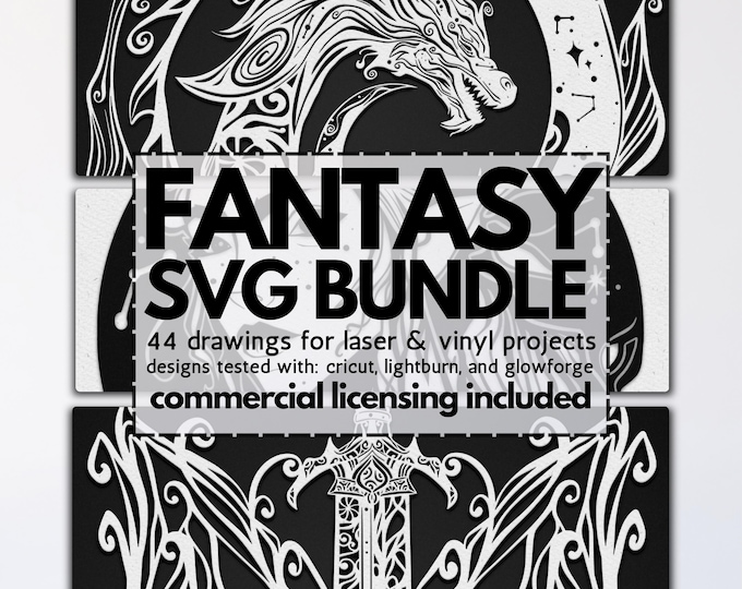 fantasy laser svg bundle, glowforge fantasy files, vinyl dragon templates, laser mandala svgs, magical elf svg, tabletop cliparts