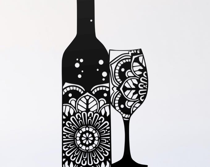 wine bottle and glass mandala svg cut file, glowforge file, vinyl template, laser cut file, wine svg, cuttable drinking svg, clipart png
