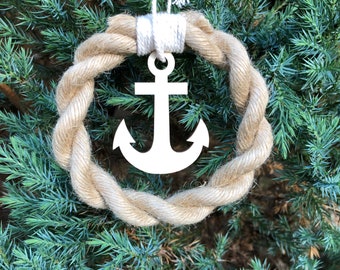 Nautic Christmas Decoration, Wooden Anchor And Jute Rope. Boat gift.