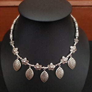 925 Sterling Silver Tribal Ethnic Thai Bead  Beauty Flower Leaves Design Hand Emboss Necklace 17" Long