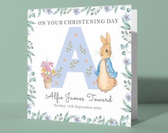 Tarjeta de bautizo personalizada de Peter Rabbit, recuerdo de bautizo para niño o niña (rosa y azul)