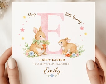 Personalised Easter Card, Bunny Initial Watercolour Greeting, Custom Name For Child (SQ)