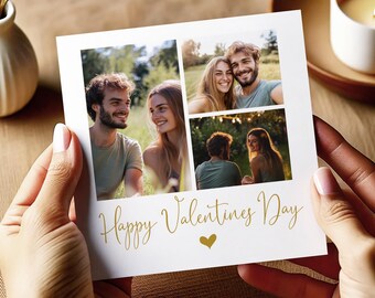 May include: A white card with a collage of four photos of a couple in a park. The card has the text "Happy Valentines Day" in gold script with a gold heart.
