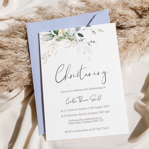 May include: A white card with a watercolor floral design and gold accents. The text on the card reads "Christening" and includes details for the christening of Caleb Thomas Smith. The event will take place on Sunday, August 11th, 2023 at 11:15 am at St. Patrick's Church in Durham, DH7 6LP. The reception will be held at Town Hall, Durham DH8 7LP. RSVP to Samantha at 07726177625.