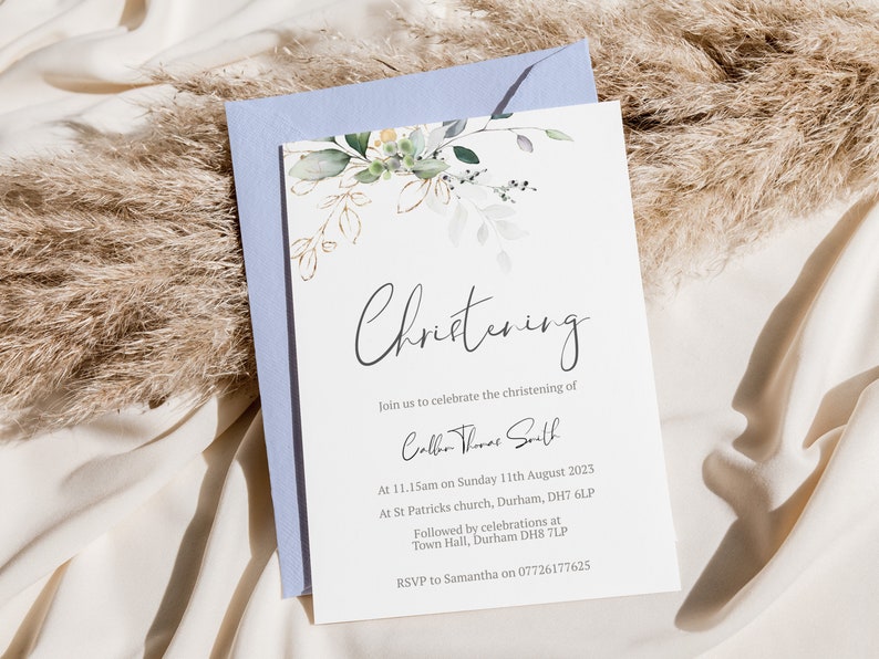May include: A white card with a watercolor floral design and gold accents. The text on the card reads "Christening" and includes details for the christening of Caleb Thomas Smith. The event will take place on Sunday, August 11th, 2023 at 11:15 am at St. Patrick's Church in Durham, DH7 6LP. The reception will be held at Town Hall, Durham DH8 7LP. RSVP to Samantha at 07726177625.