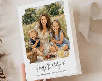 Custom Watercolour Portrait Birthday Card – Personalised Photo Keepsake Gift